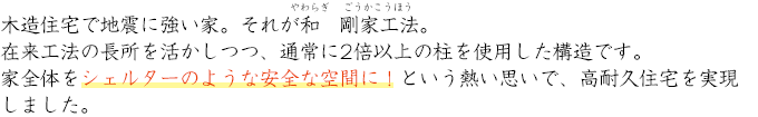 木造住宅で地震に強い家。それが和　剛家工法。在来工法の長所を活かしつつ、通常に2倍以上の柱を使用した構造です。家全体をシェルターのような安全な空間に！という熱い思いで、高耐久住宅を実現しました。